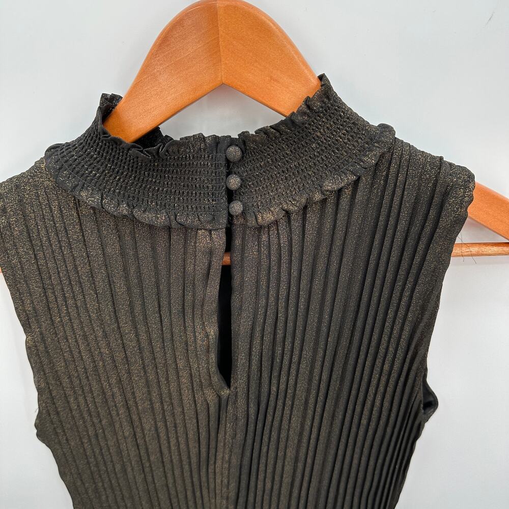 NANETTE LEPORE Black Gold Metallic Pleated High Neck Party Night Out Dress // 4 - Picture 12 of 14